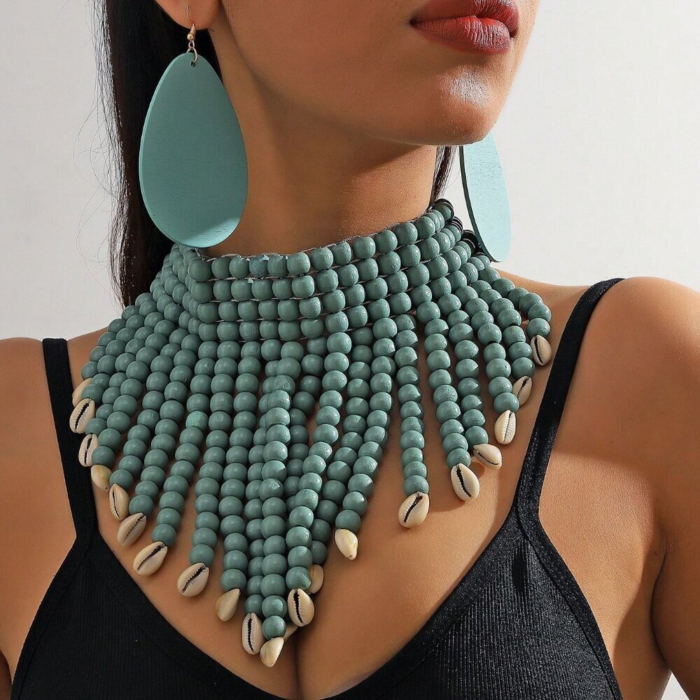 Women's Fan-Shaped wood beads Hollow Shell necklace with earrings Jewelry Set